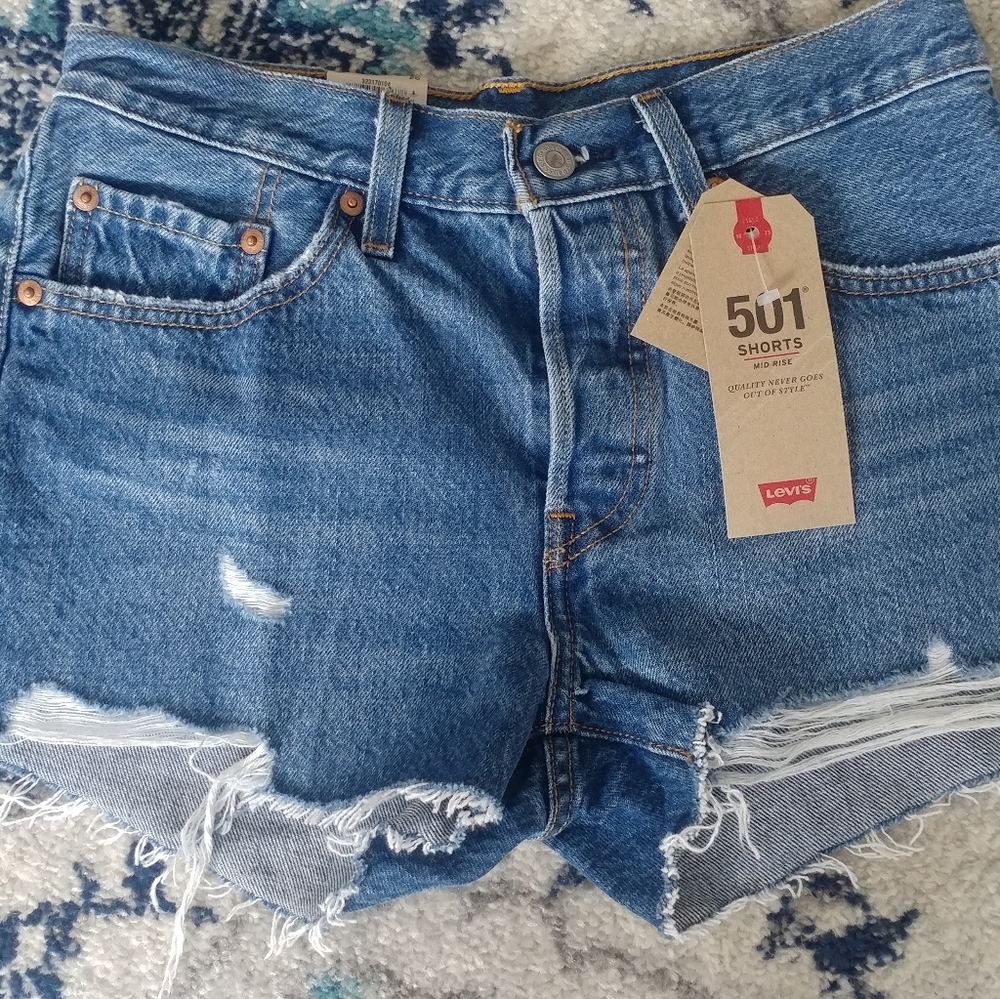 Levi's 501 Mid Rise Distressed Denim Shorts